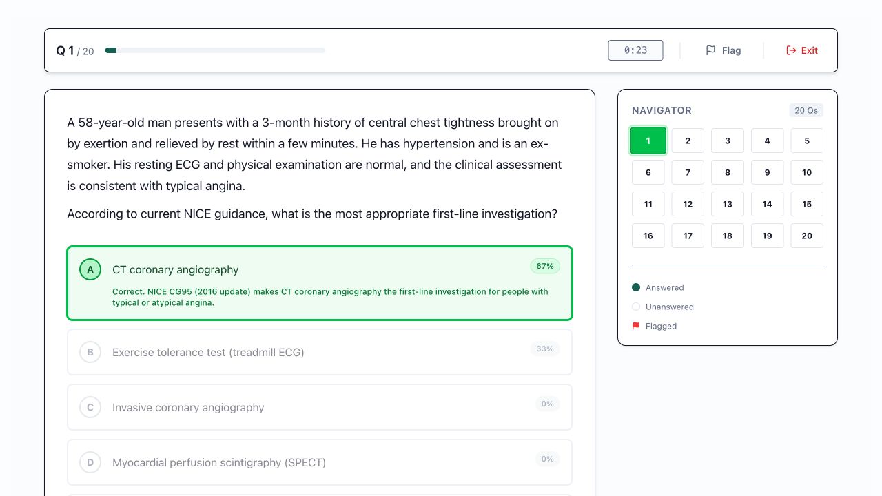 MRCP Part 1 angina question with CT coronary angiography answer feedback and question navigator