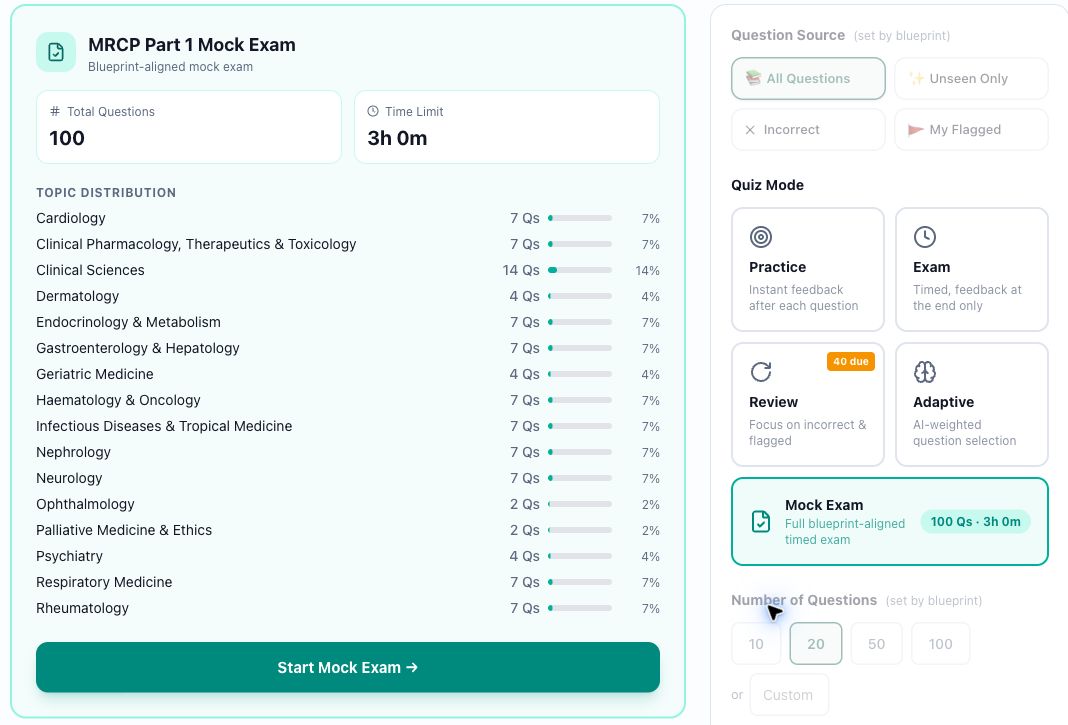 MRCP Part 1 Mock Exam setup showing 100 questions, a three-hour time limit and topic distribution