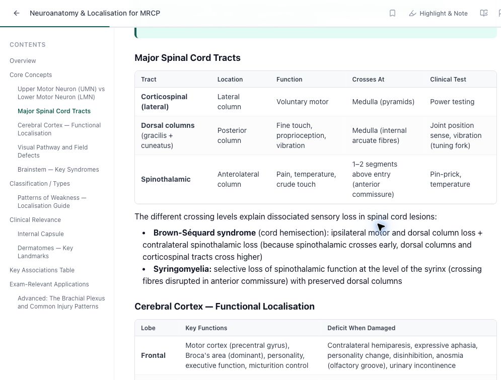 MRCP neuroanatomy note with spinal cord tract comparison table and contents navigation