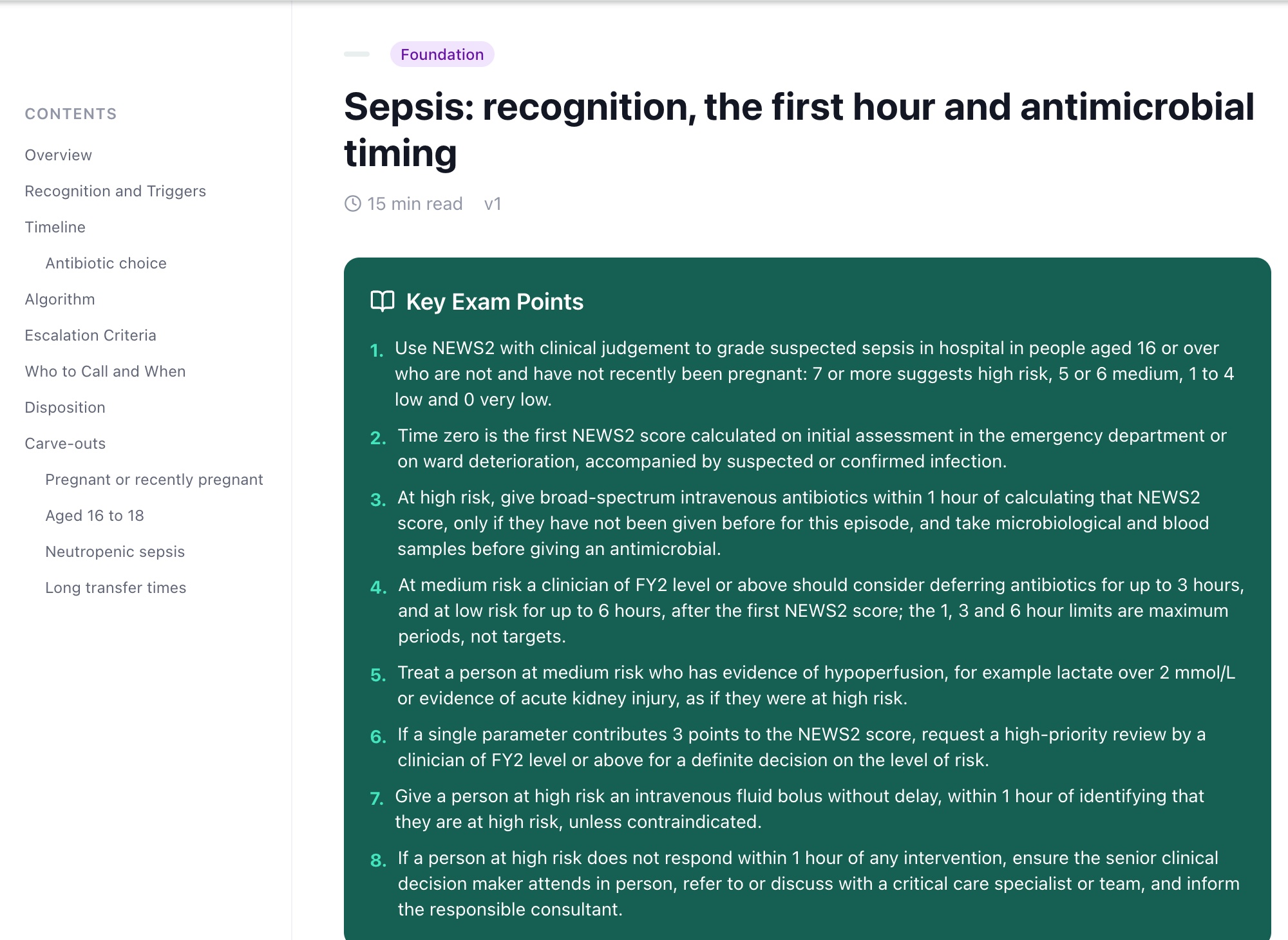 Sepsis: recognition, the first hour and antimicrobial timing note, with contents and key exam points